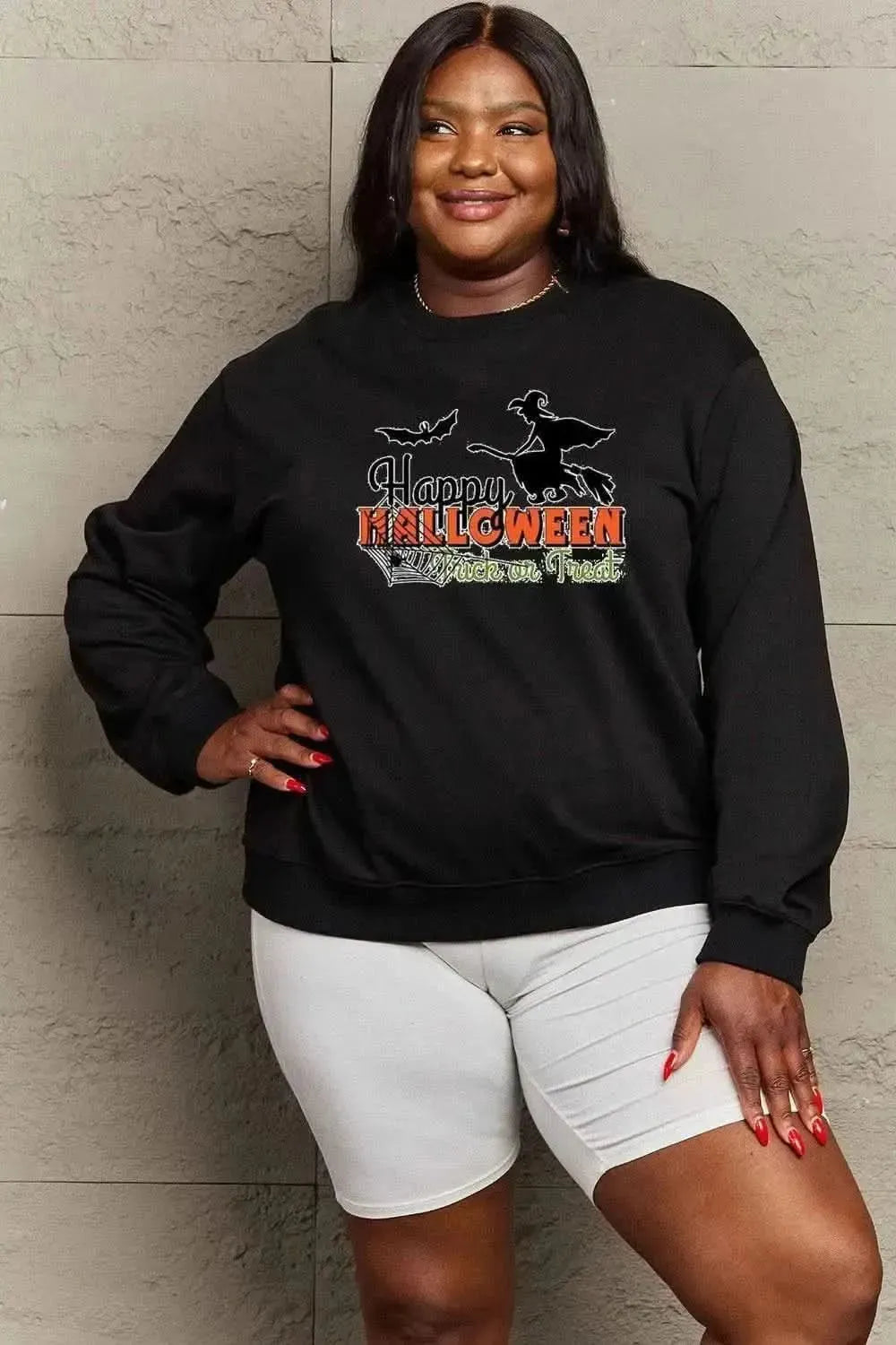 Simply Love Full Size HAPPY HALLOWEEN TRICK OR TREAT Graphic Sweatshirt - Bad Moms Club