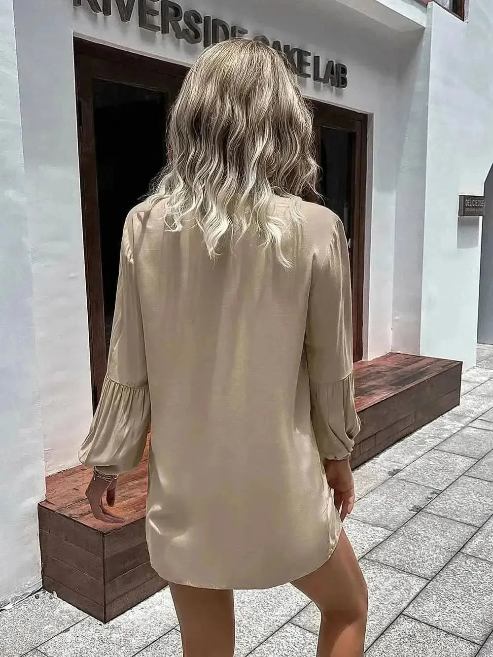 Ivy Lane Notched Neck Balloon Sleeve Shirt - Bad Moms Club