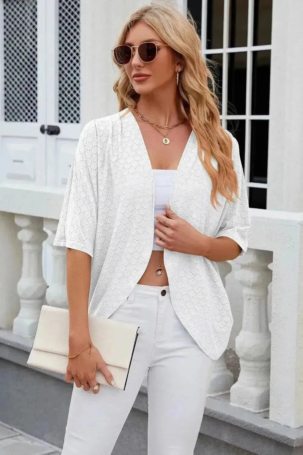 Eyelet Open Front Half Sleeve Cardigan - Bad Moms Club