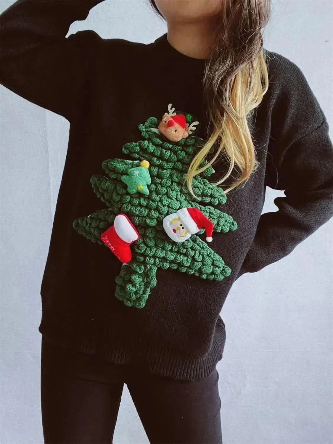 Christmas Tree Round Neck Long Sleeve Sweater - Bad Moms Club