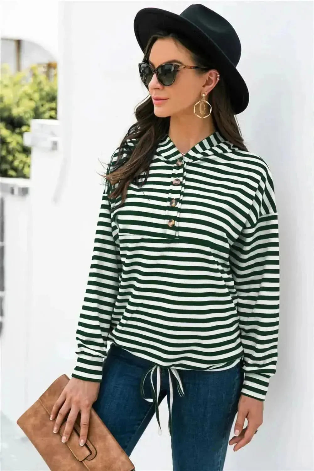Striped Half-Button Dropped Shoulder Hoodie - Bad Moms Club