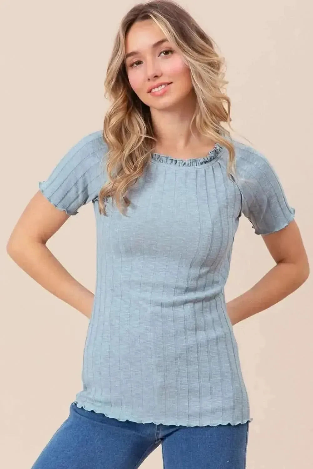 BiBi Ruffle Round Neck Merrow Edge Rib Top - Bad Moms Club