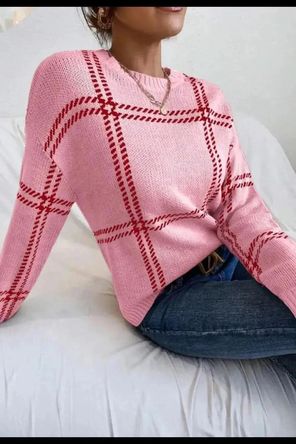 Contrast Round Neck Long Sleeve Sweater - Bad Moms Club