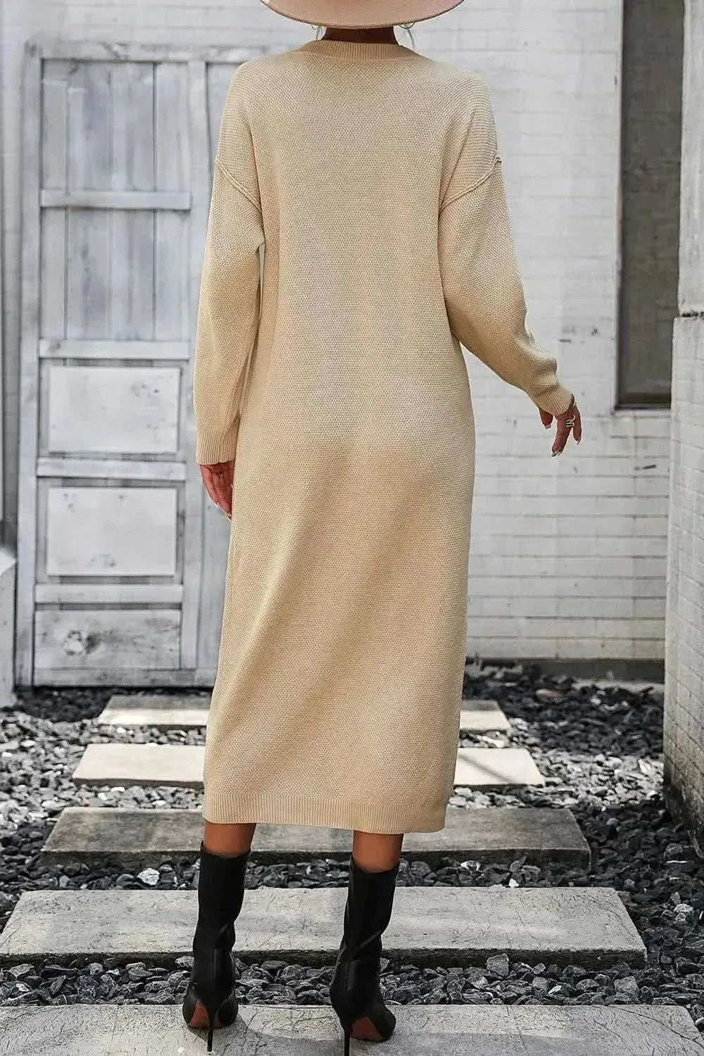 Decorative Button Notched Dropped Shoulder Sweater Dress - Bad Moms Club