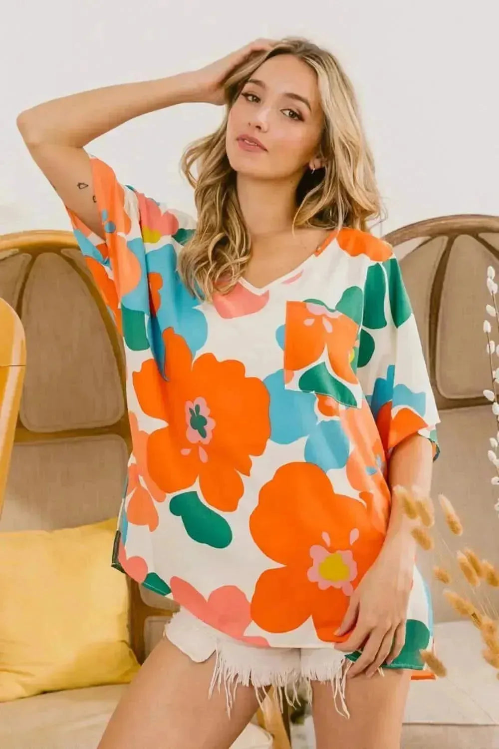 BiBi Floral V Neck Slit Side T-Shirt - Bad Moms Club