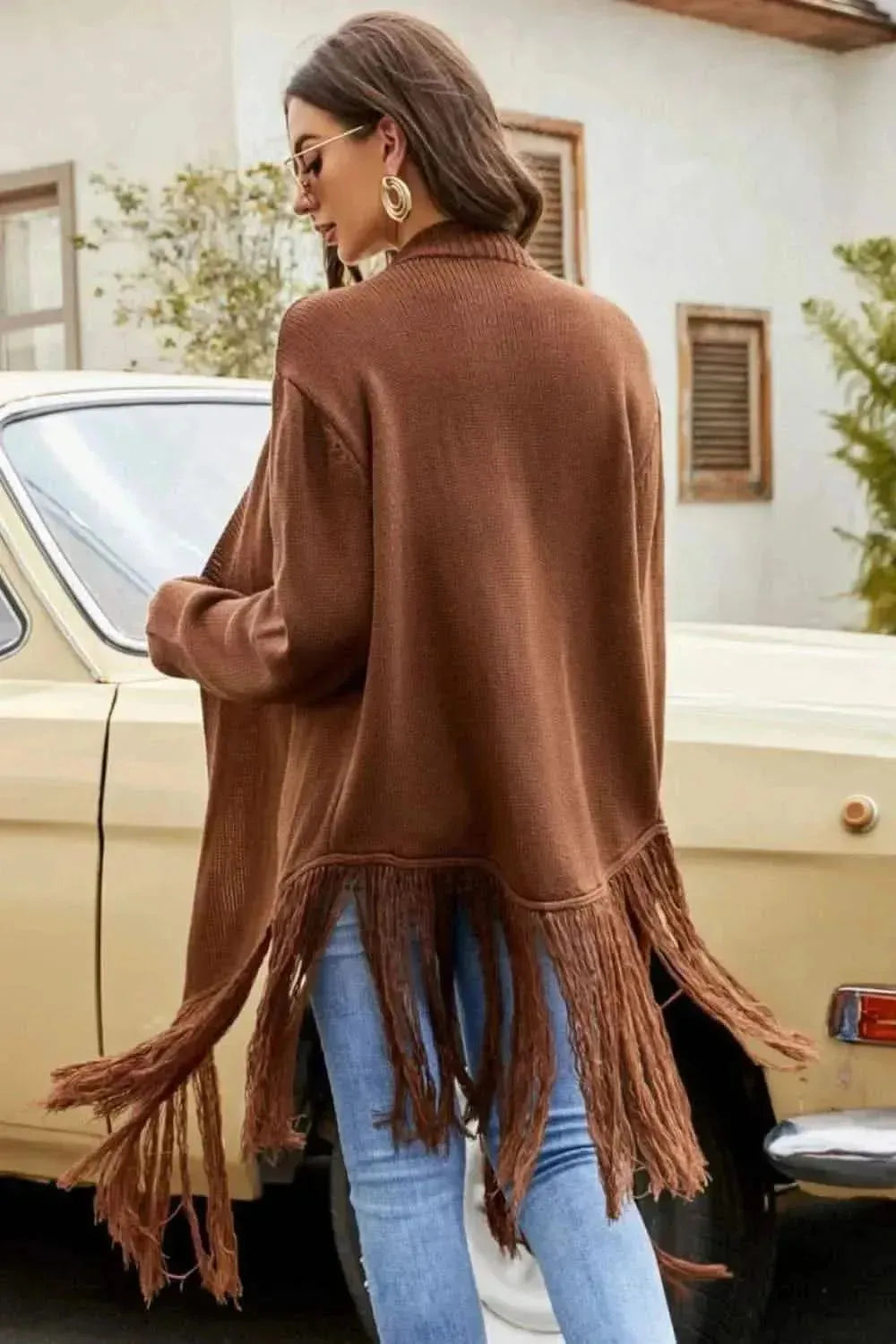 Fringe Hem Open Front Ribbed Trim Cardigan - Bad Moms Club