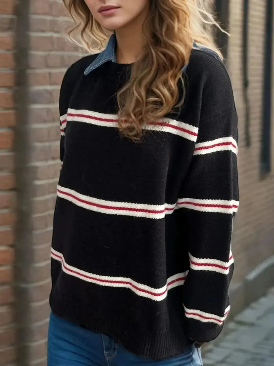 Contrast Stripes Round Neck Long Sleeve Sweater - Bad Moms Club
