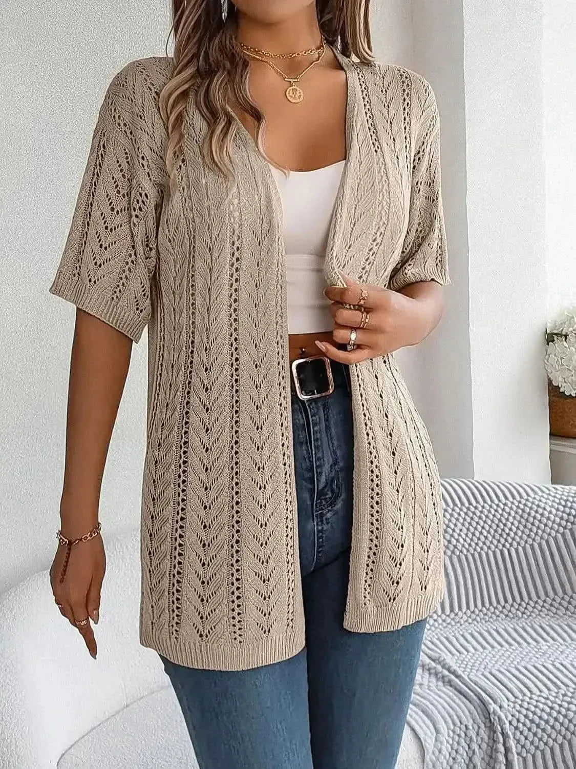 Openwork Open Front Half Sleeve Cardigan - Bad Moms Club