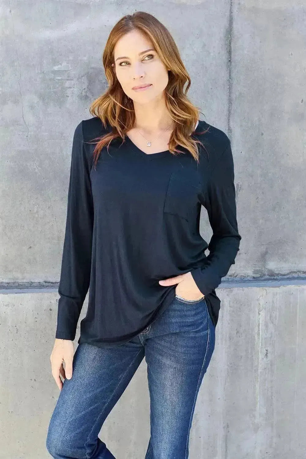 Basic Bae Full Size V-Neck Long Sleeve Top - Bad Moms Club