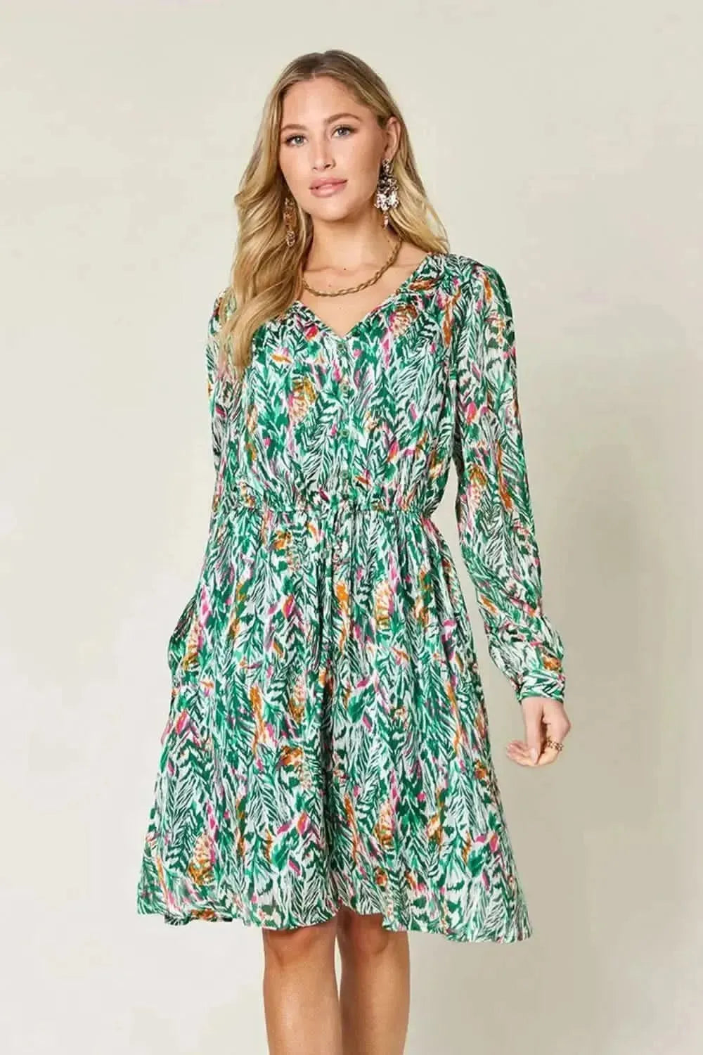 Double Take Full Size Printed Drawstring Waist Long Sleeve Dress - Bad Moms Club