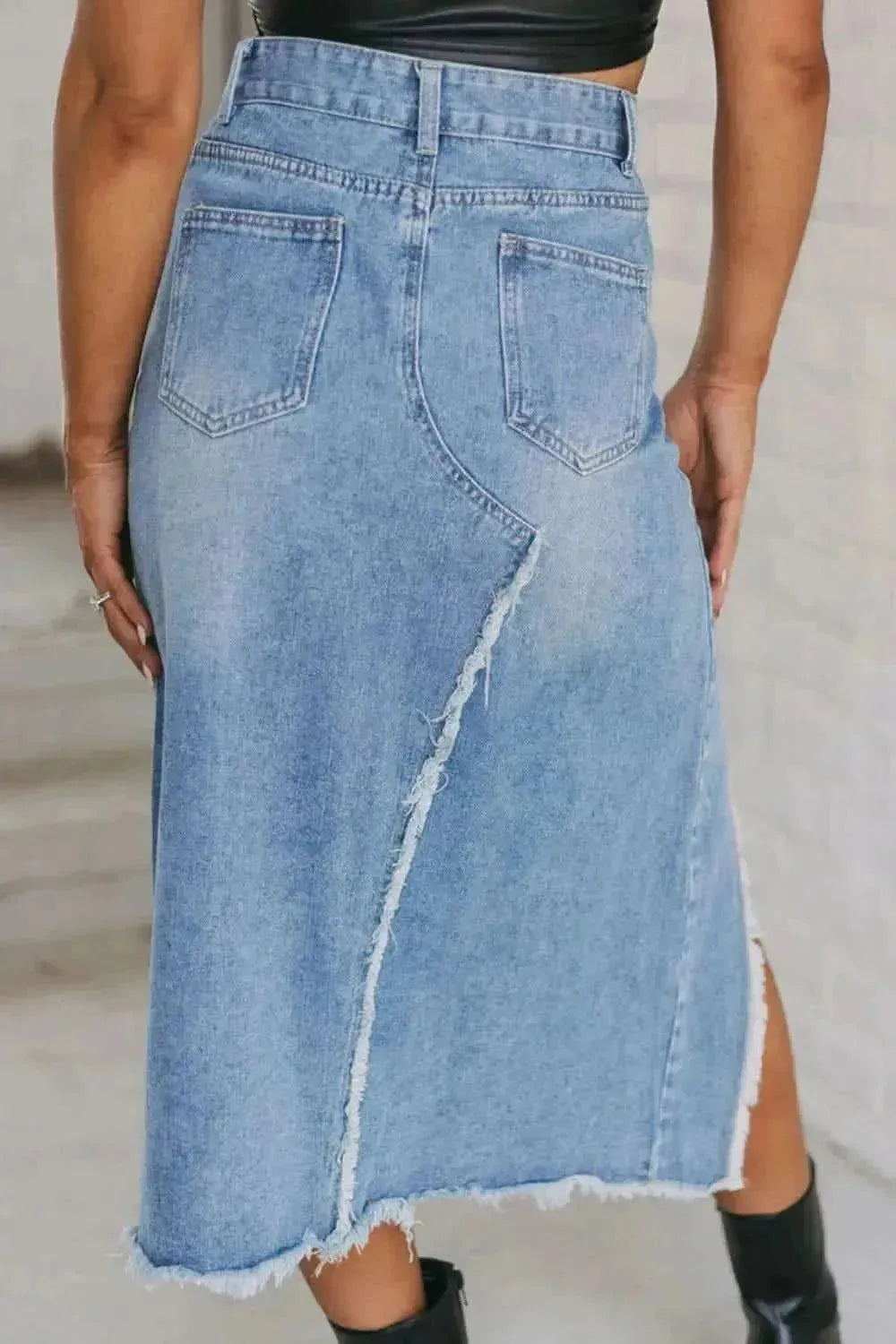 Raw Hem Slit Denim Skirt with Pockets - Bad Moms Club