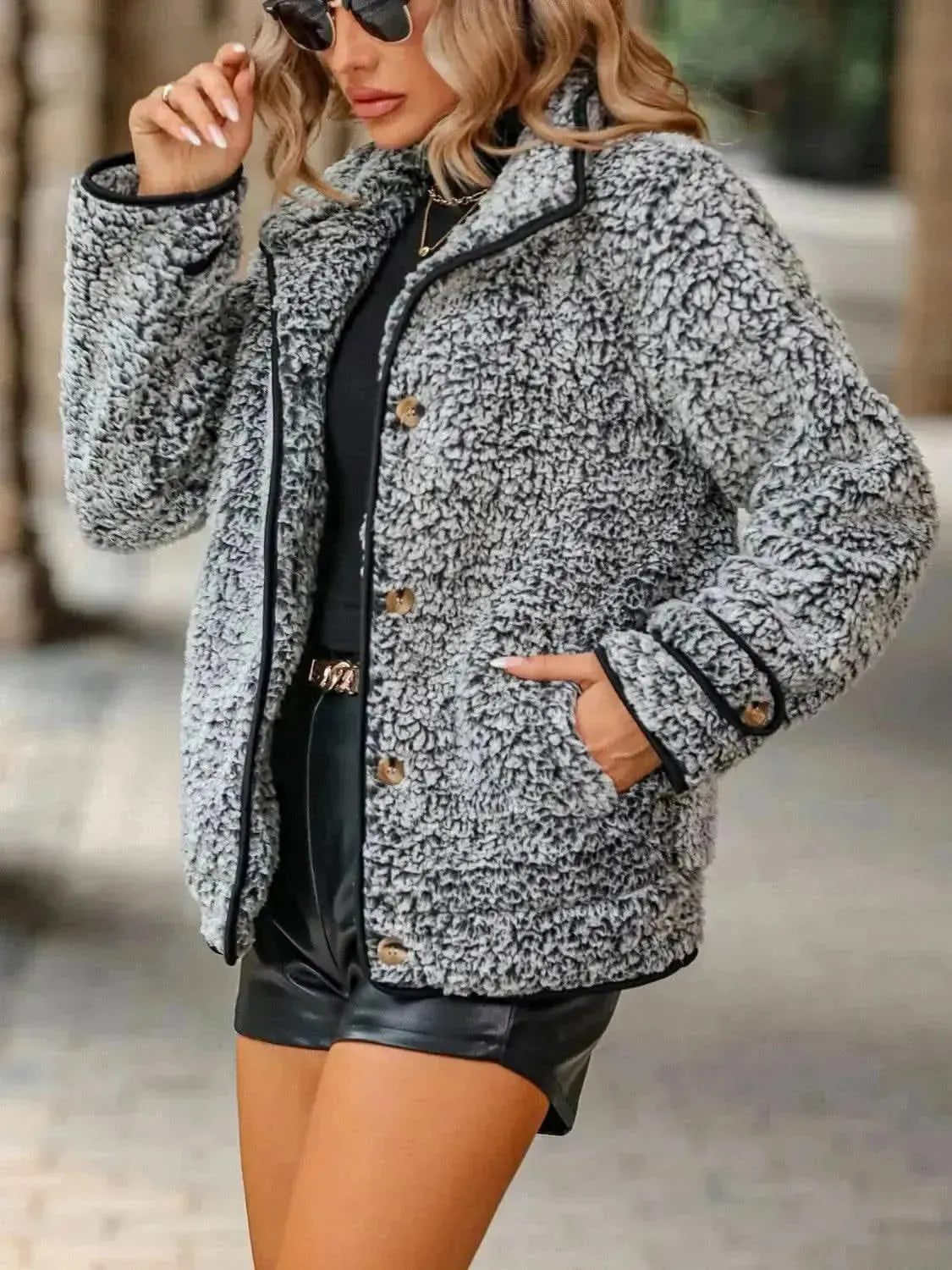 Fuzzy Pocketed Button Up Jacket - Bad Moms Club