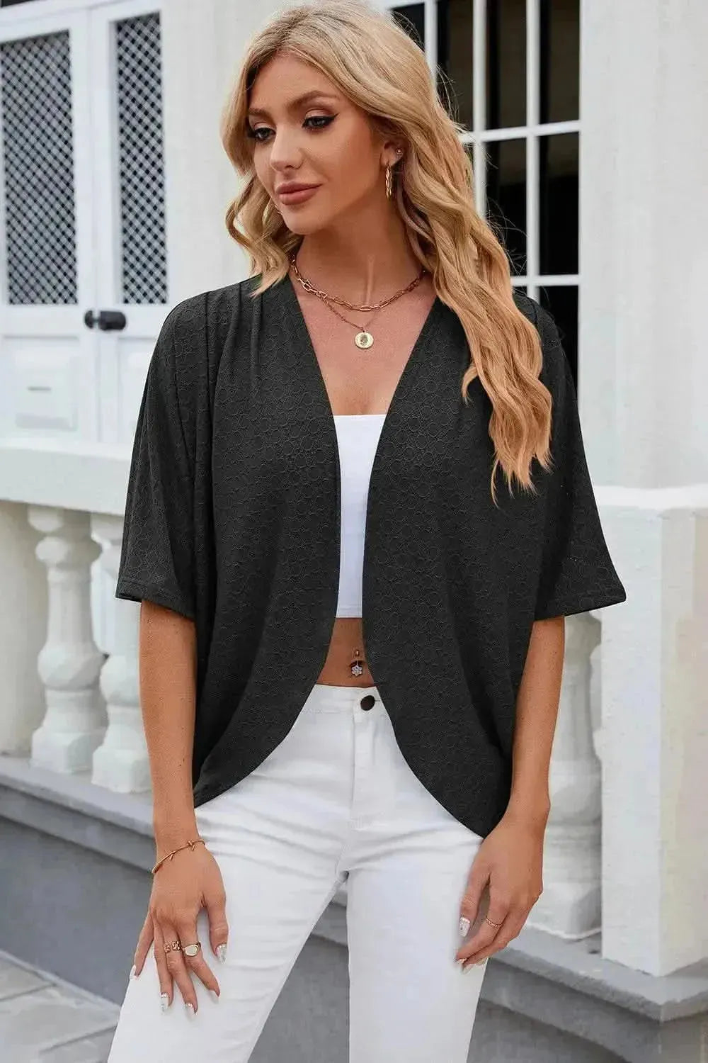 Eyelet Open Front Half Sleeve Cardigan - Bad Moms Club