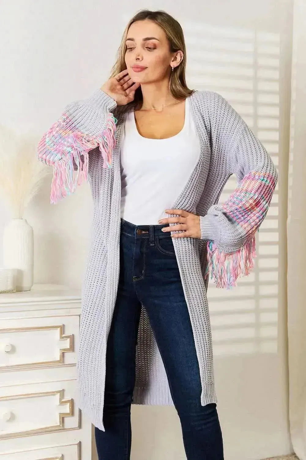 Woven Right Fringe Sleeve Dropped Shoulder Cardigan - Bad Moms Club