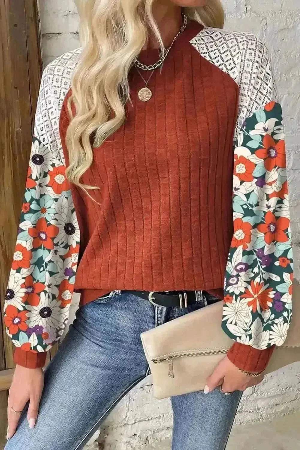 Printed Round Neck Long Sleeve Top - Bad Moms Club