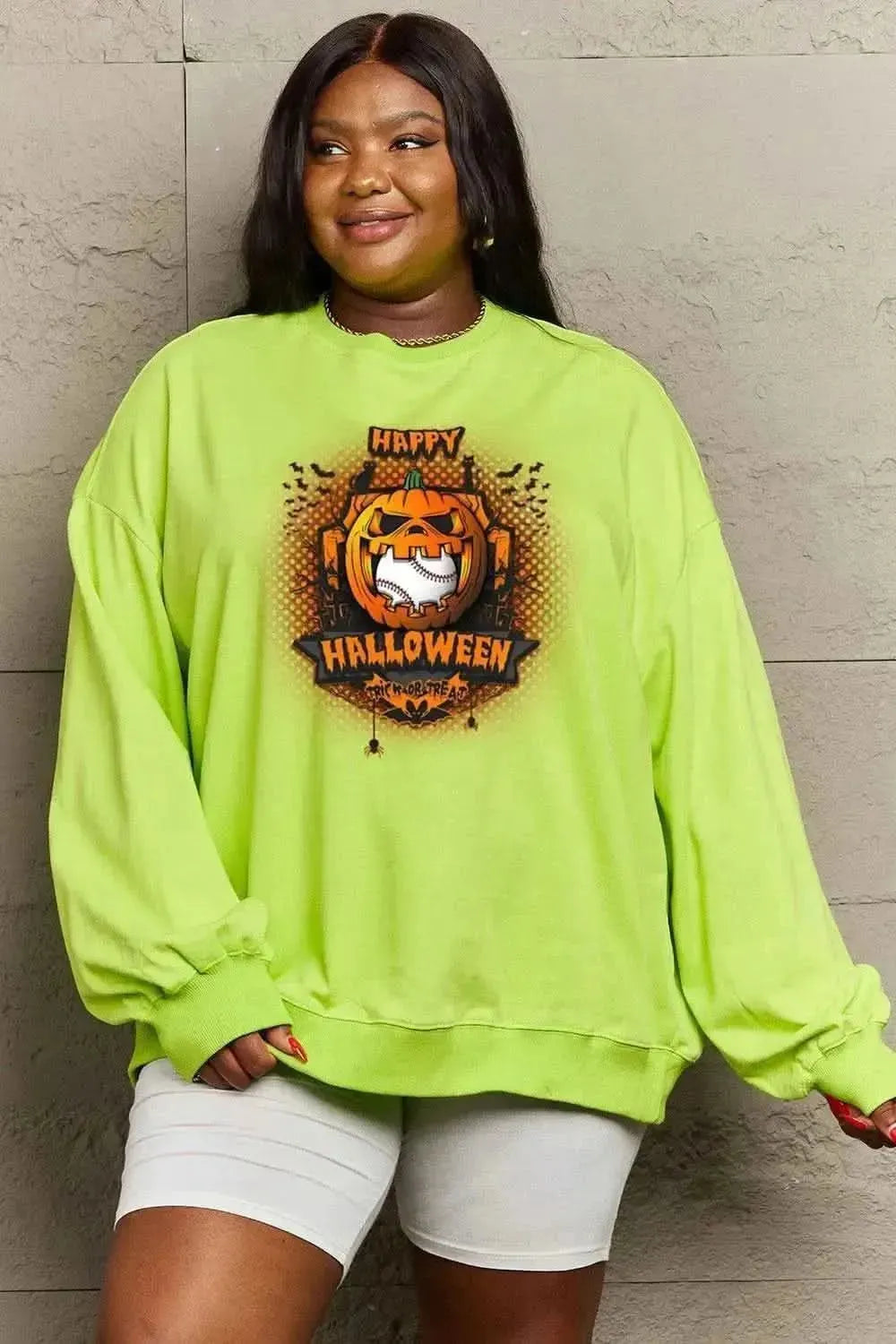 Simply Love Full Size HAPPY HALLOWEEN Graphic Sweatshirt - Bad Moms Club