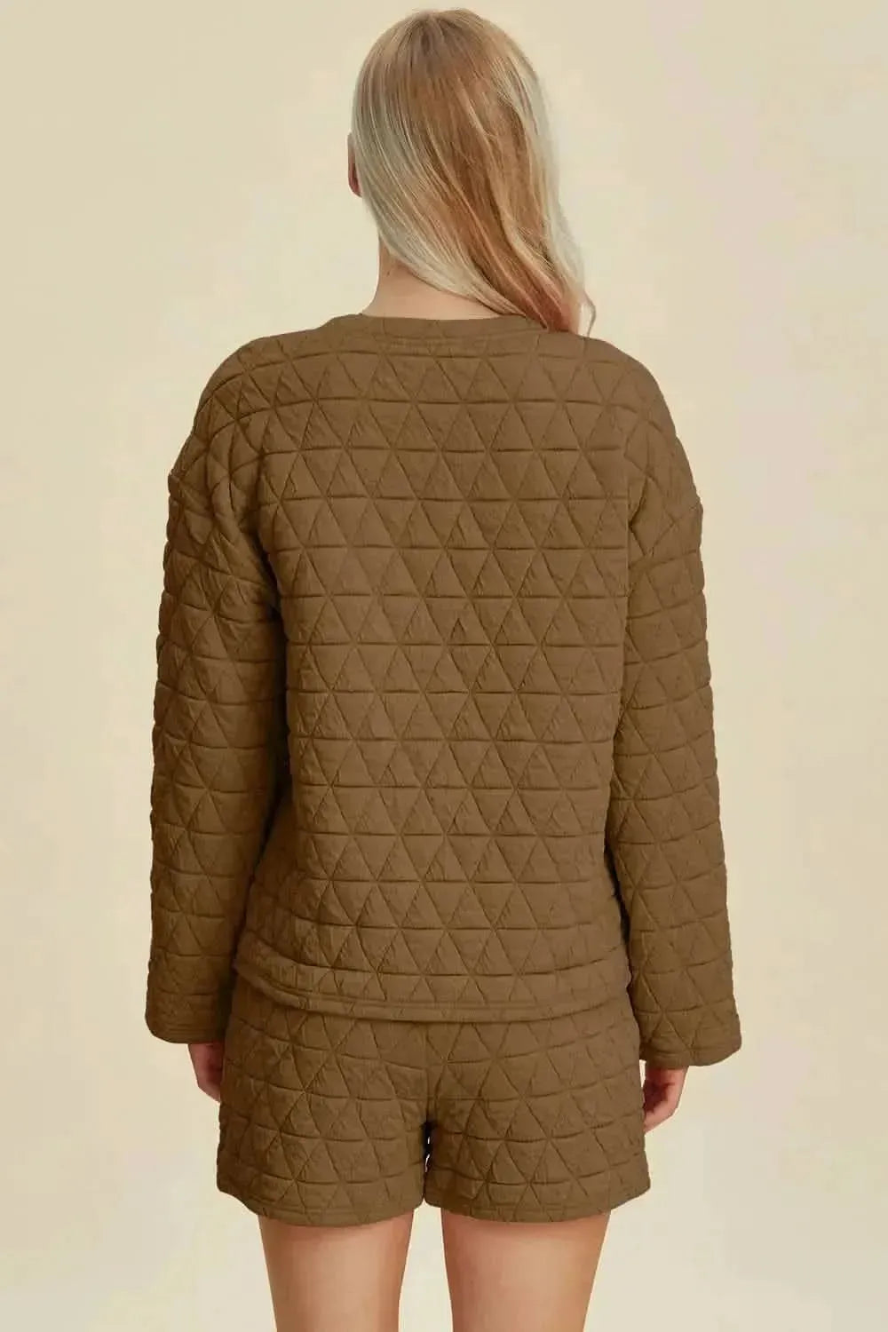 Double Take Full Size Texture Round Neck Long Sleeve Top and Shorts Set - Bad Moms Club