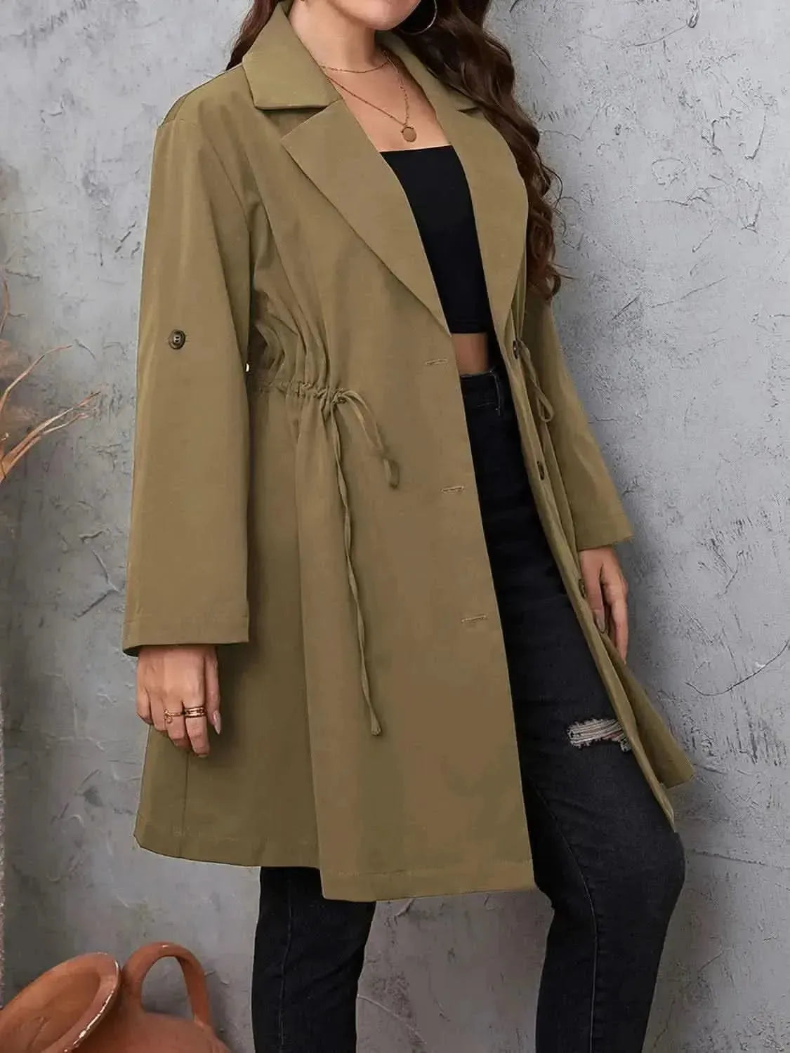 Plus Size Lapel Collar Drawstring Roll-Tab Sleeve Trench Coat - Bad Moms Club