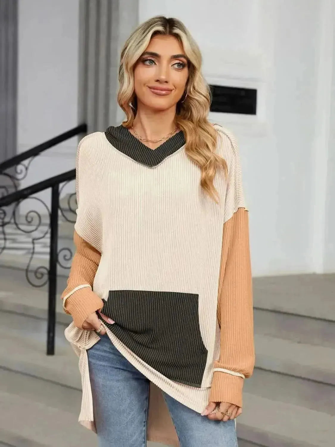 Double Take Contrast Hooded Long Sleeve Top - Bad Moms Club