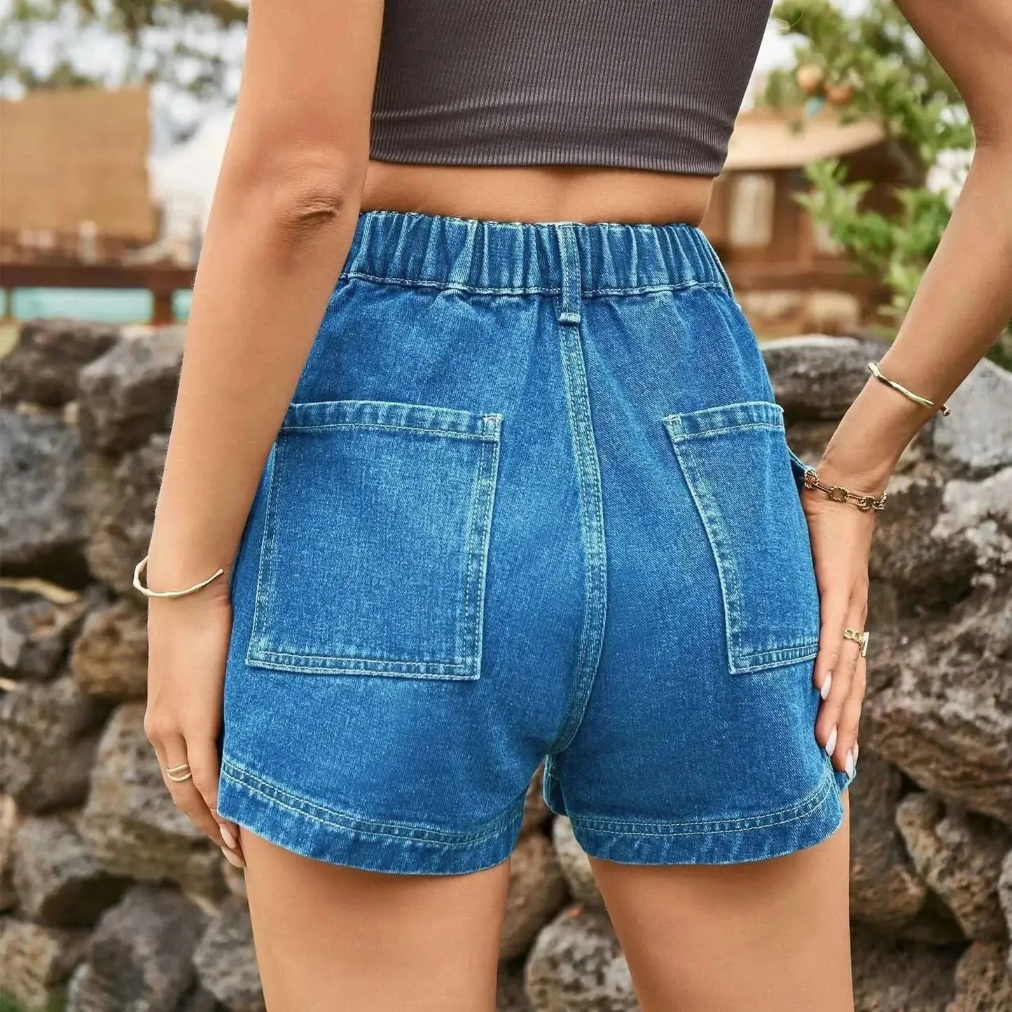 High-Waist Denim Shorts with Pockets - Bad Moms Club