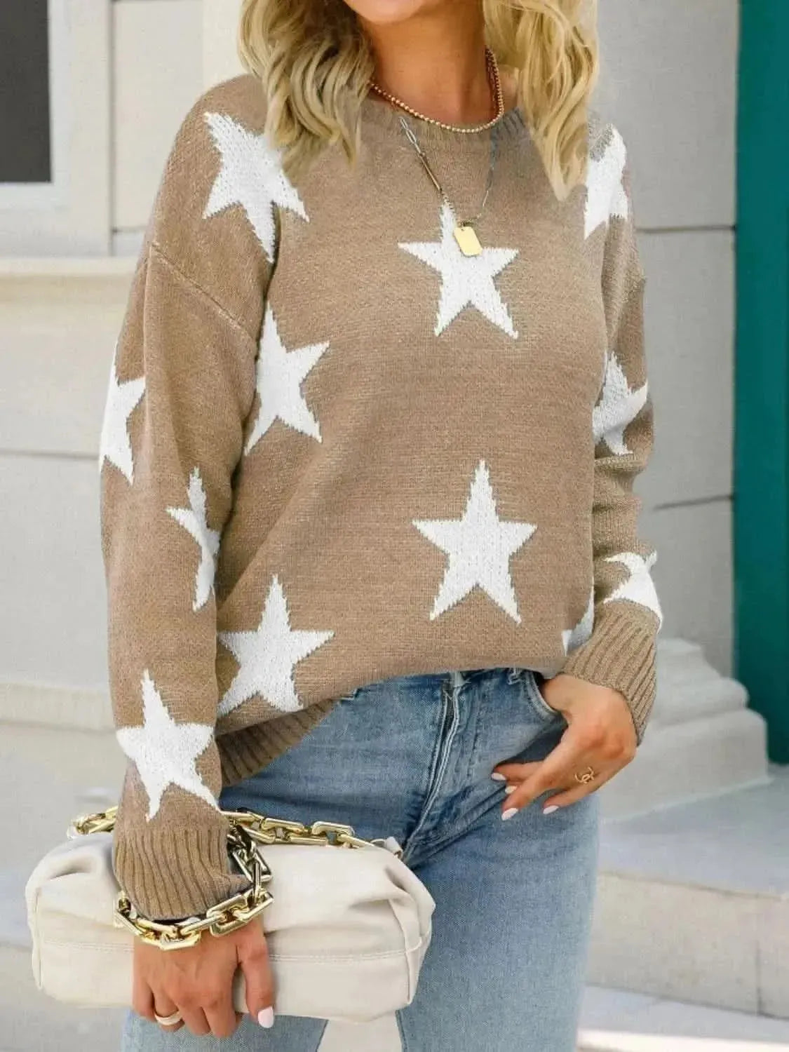Angel Wings Star Round Neck Dropped Shoulder Sweater - Bad Moms Club