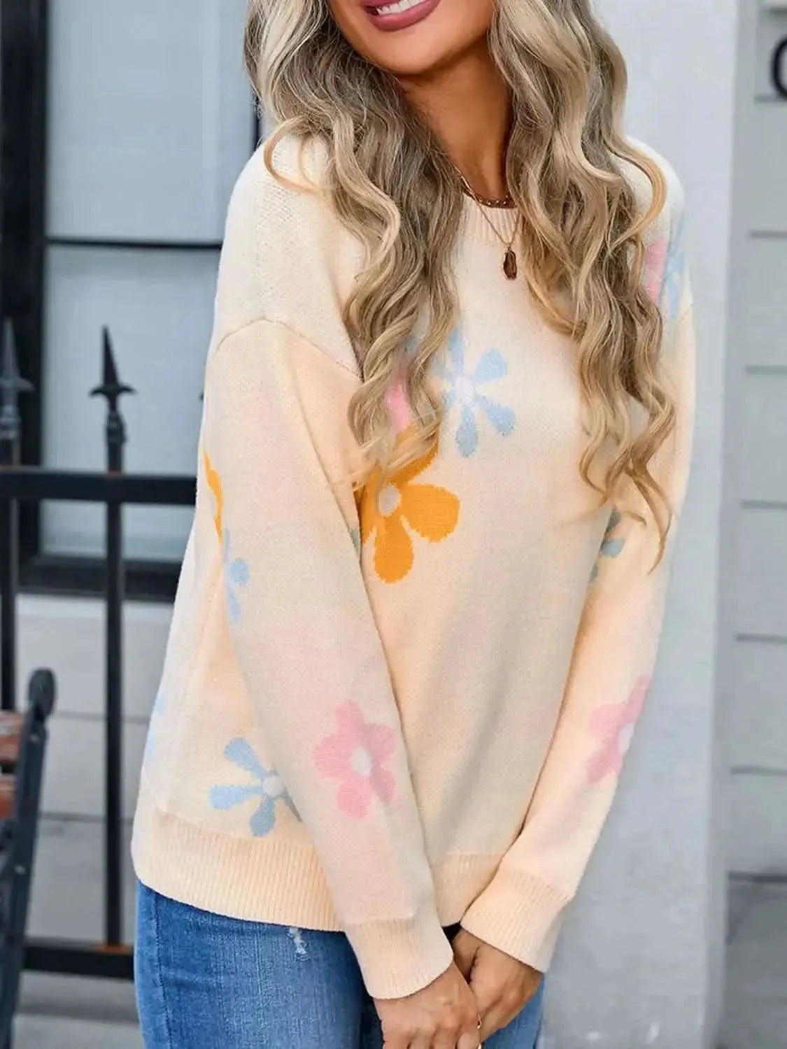 Angel Wings Flower Round Neck Dropped Shoulder Sweater - Bad Moms Club