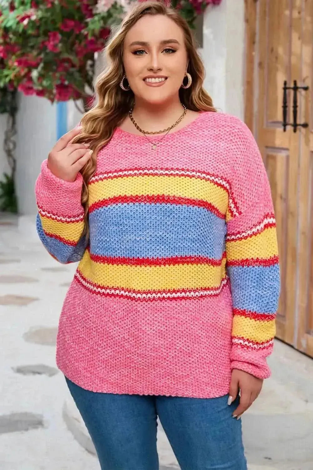 Plus Size Color Block Round Neck Long Sleeve Sweater - Bad Moms Club