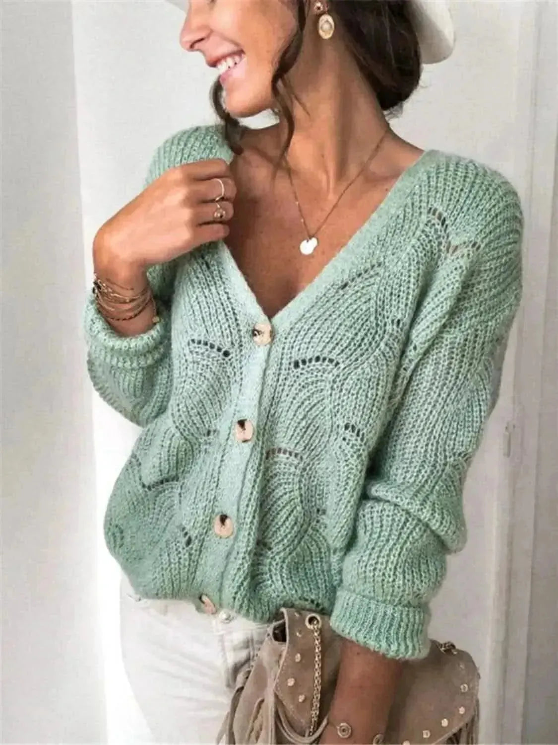 Openwork Button Up Long Sleeve Cardigan - Bad Moms Club
