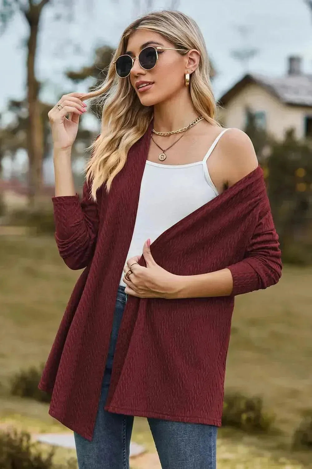 Textured Open Front Long Sleeve Cardigan - Bad Moms Club