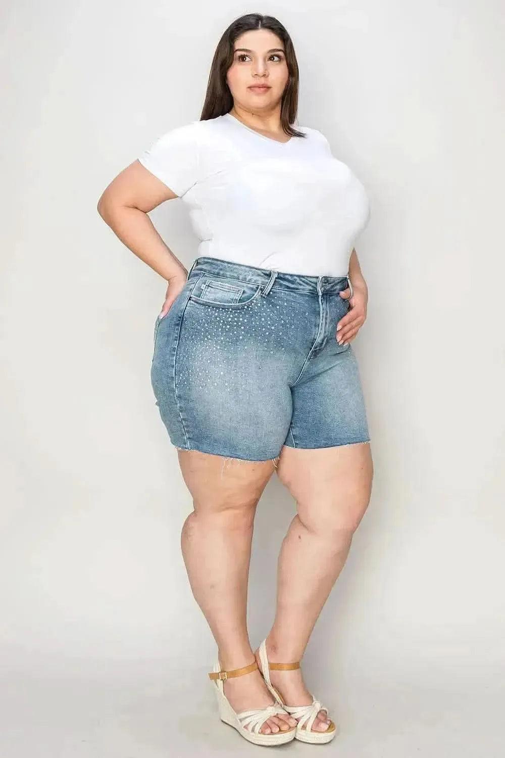 Judy Blue Full Size High Waist Raw Hem Denim Shorts - Bad Moms Club