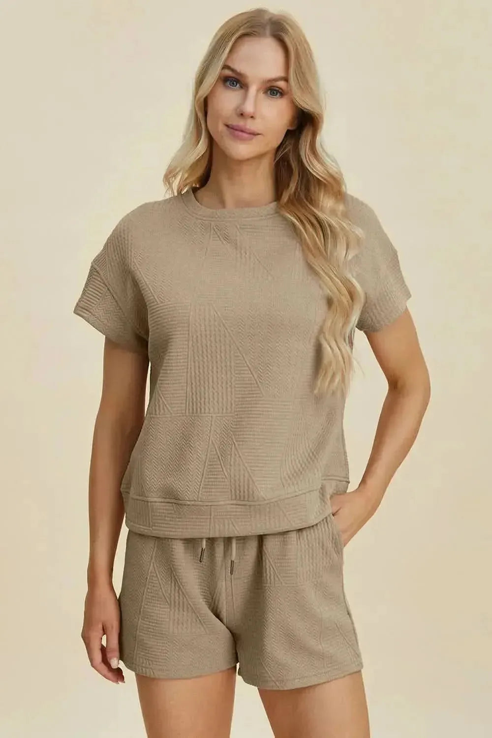 Double Take Full Size Texture Short Sleeve Top and Shorts Set - Bad Moms Club