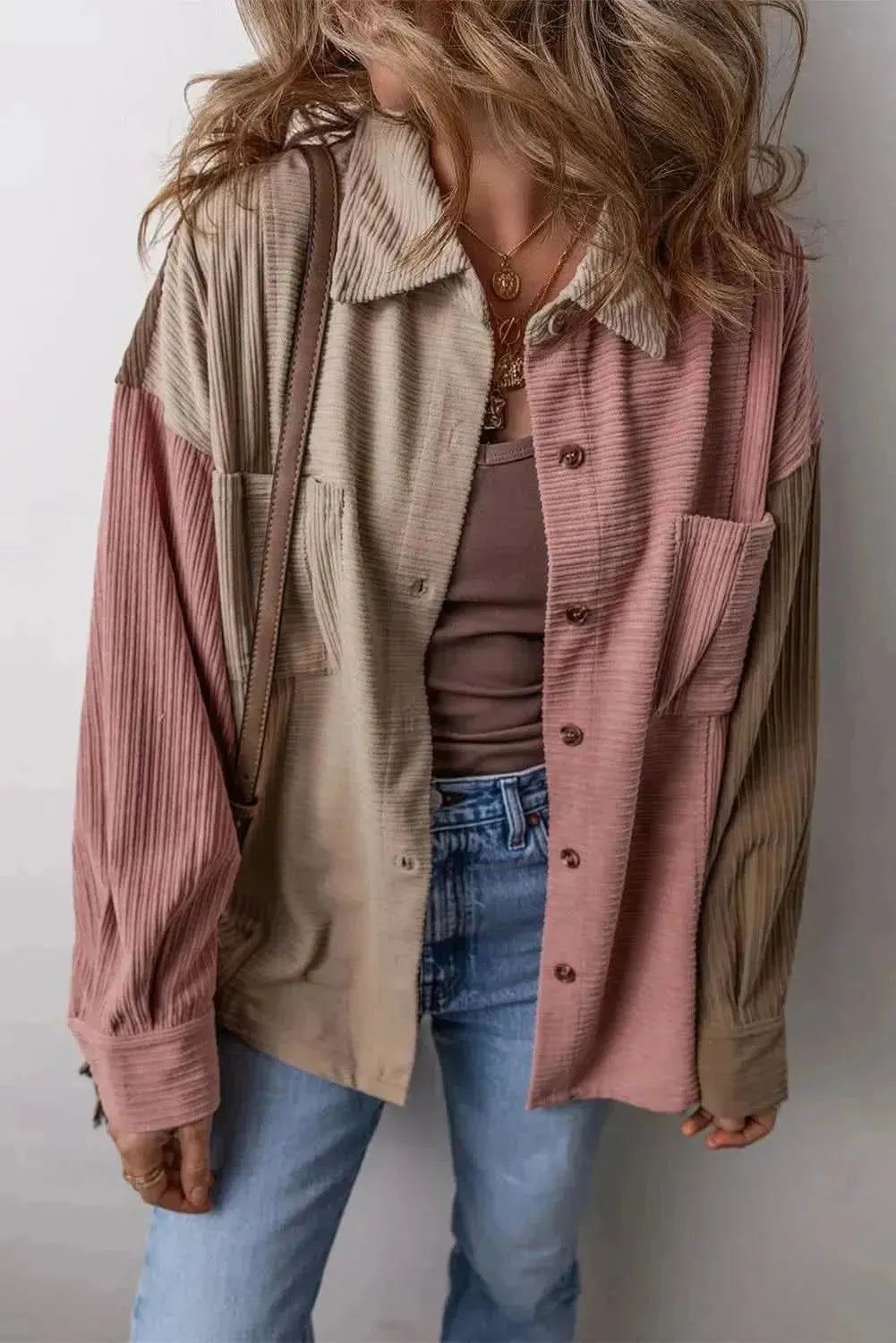 Button Up Color Block Long Sleeve Shacket - Bad Moms Club
