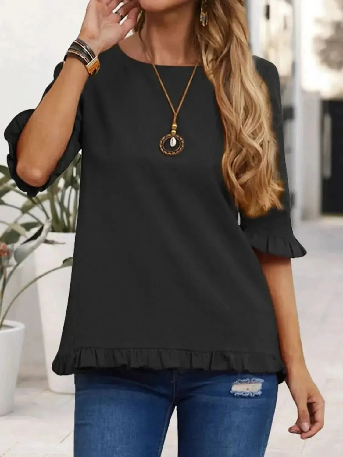 Ruffled Round Neck Half Sleeve Blouse - Bad Moms Club