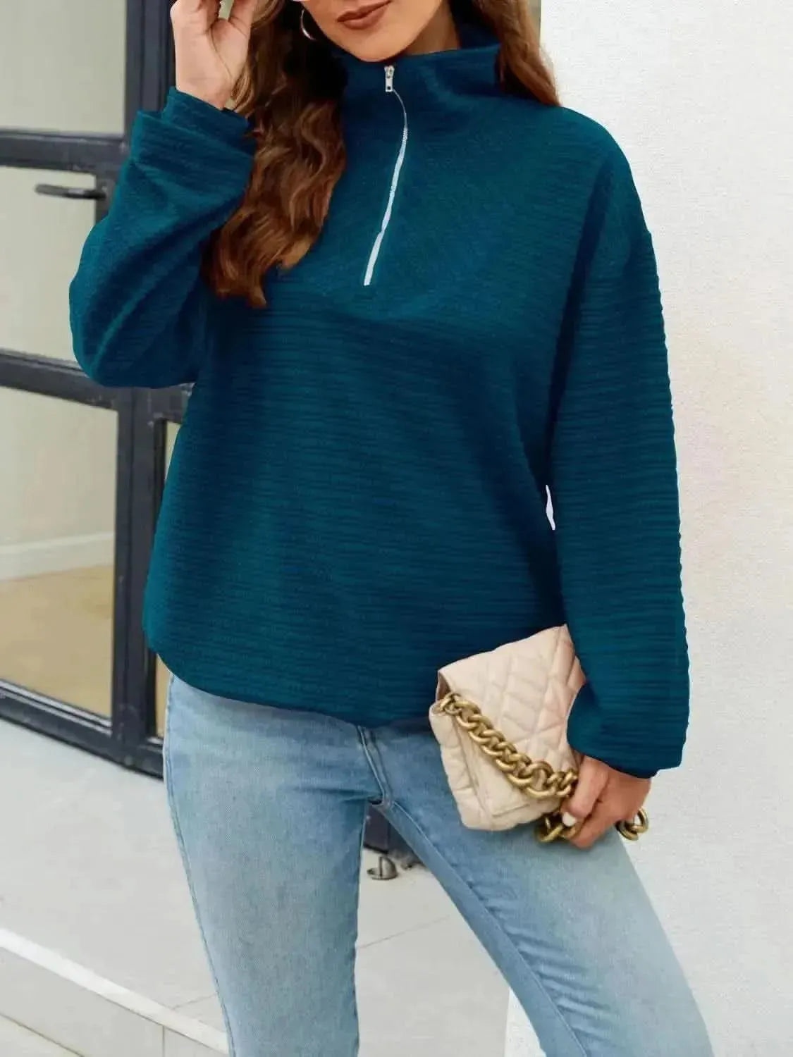 Quarter-Zip Collared Drop Shoulder Sweatshirt - Bad Moms Club