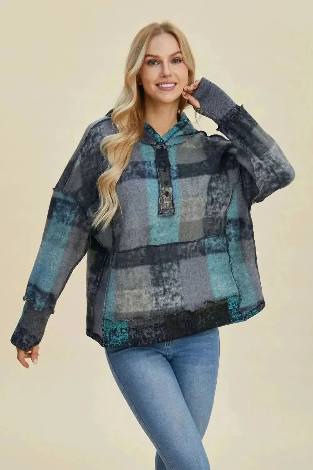 Double Take Full Size Plaid Dropped Shoulder Fleece Hoodie - Bad Moms Club