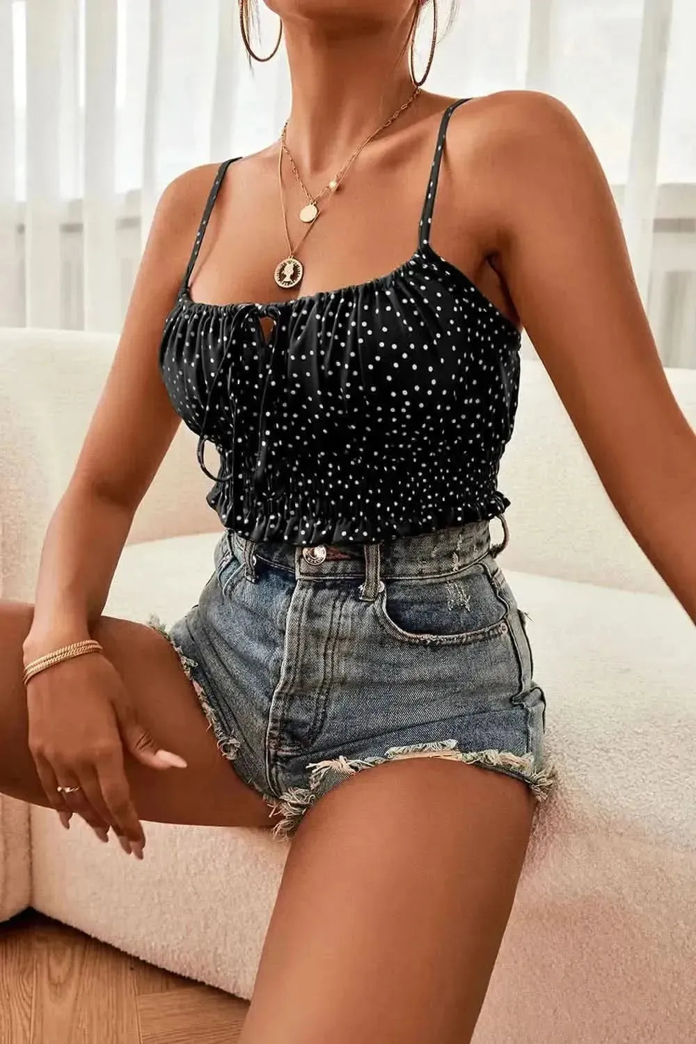 Polka Dot Tied Frill Trim Cami - Bad Moms Club