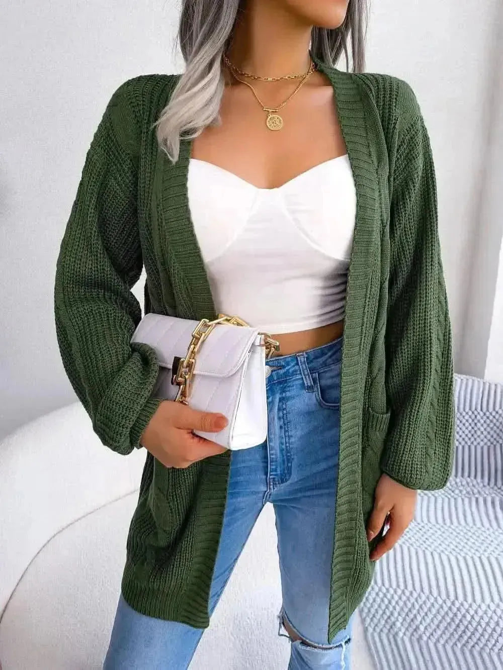 Cable-Knit Open Front Pocketed Cardigan - Bad Moms Club