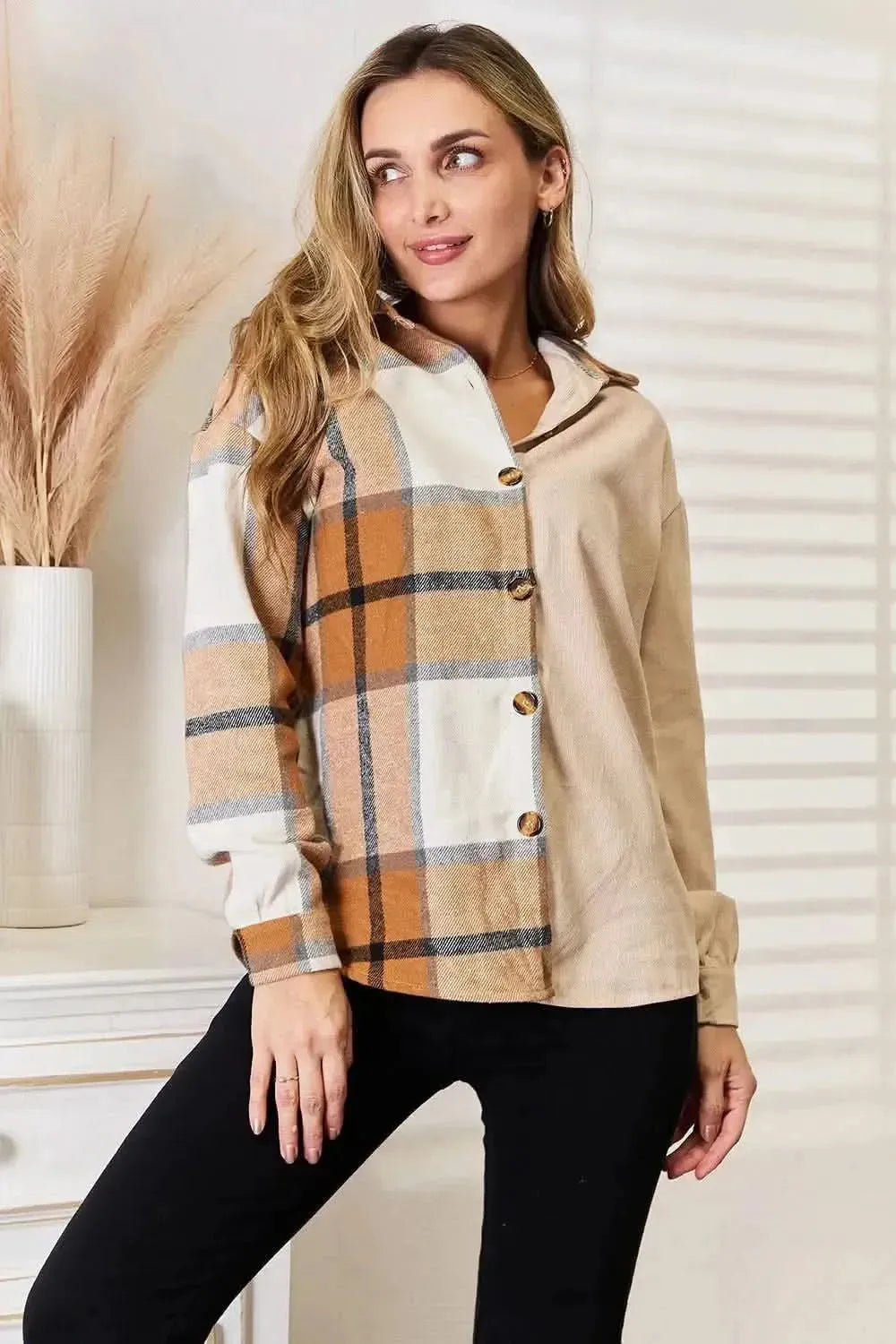 Perfee Plaid Print Dropped Shoulder Shirt - Bad Moms Club