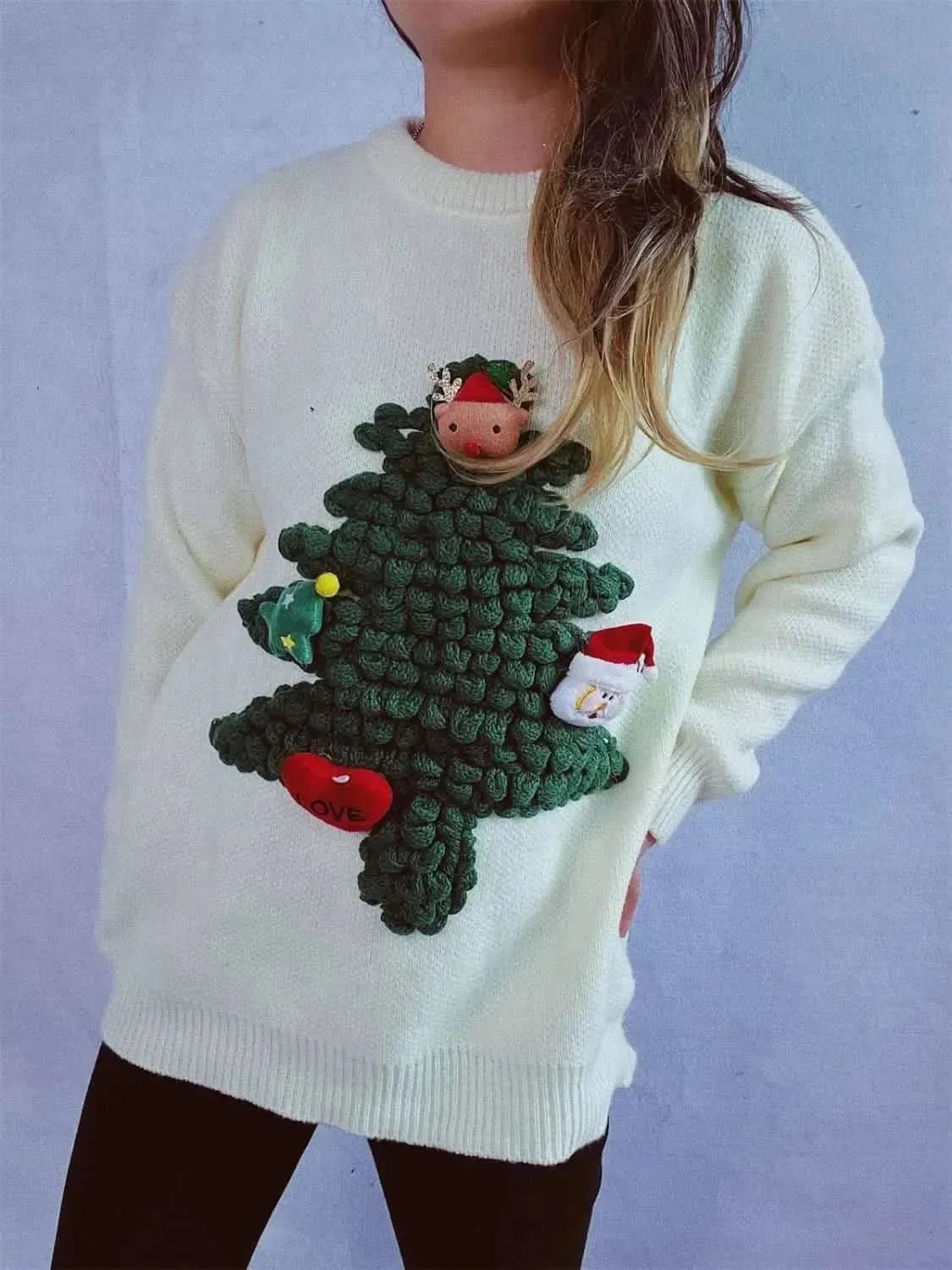 Christmas Tree Round Neck Long Sleeve Sweater - Bad Moms Club