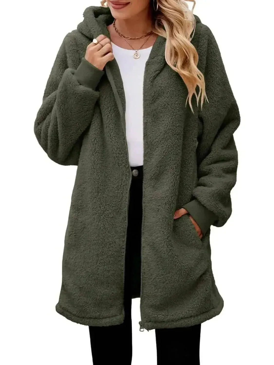 Fuzzy Pocketed Zip Up Long Sleeve Hooded Jacket - Bad Moms Club