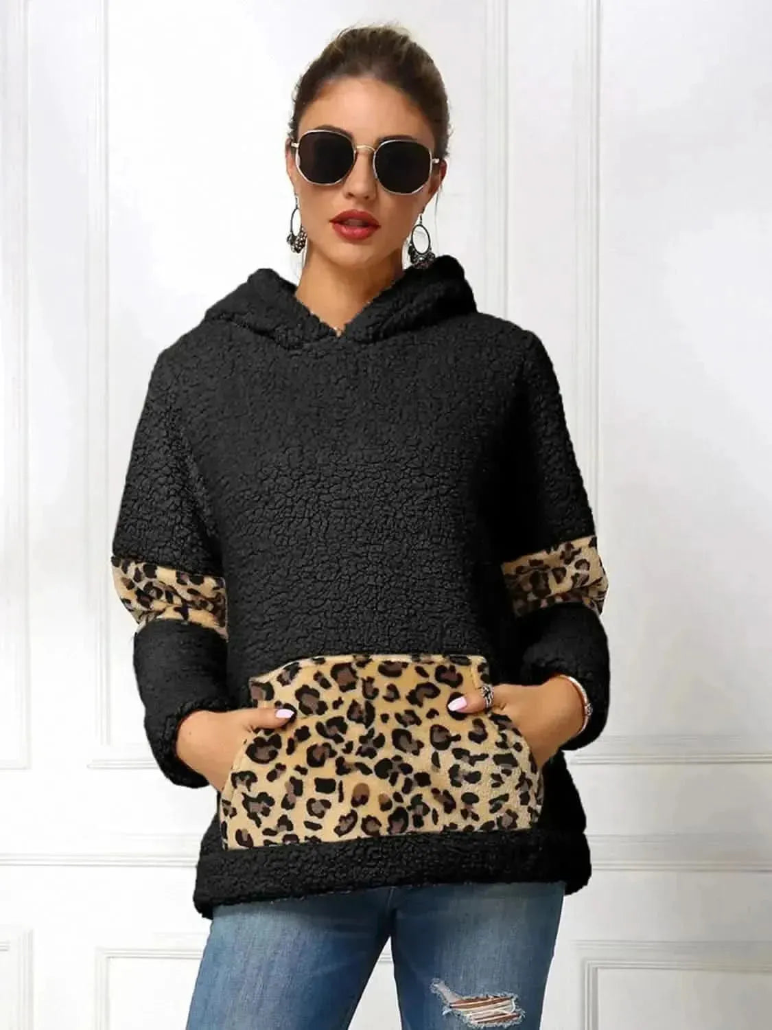 Ivy Lane Sherpa Leopard Long Sleeve Hoodie - Bad Moms Club