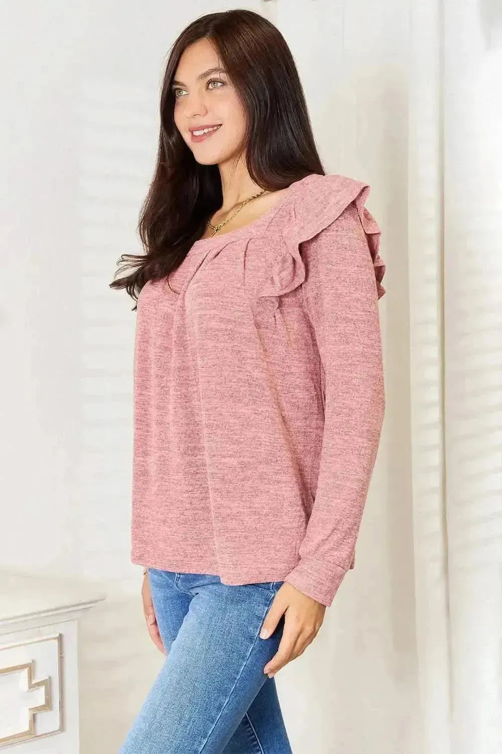 Double Take Square Neck Ruffle Shoulder Long Sleeve T-Shirt - Bad Moms Club