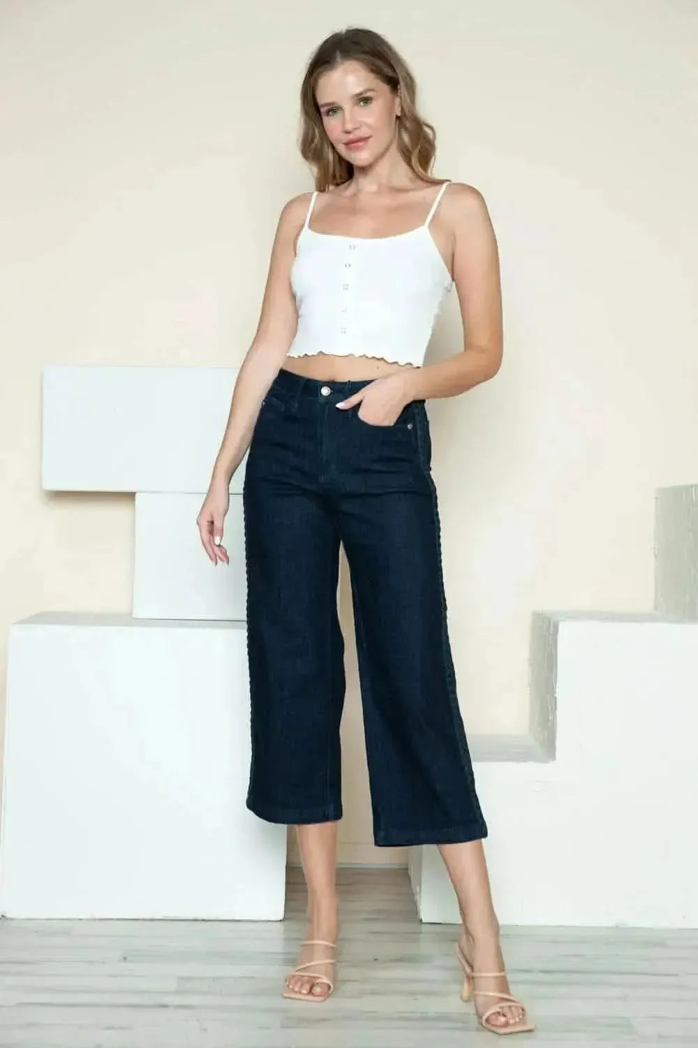 Judy Blue Full Size Side Seam Braid Detail Crop Wide Leg Jeans - Bad Moms Club