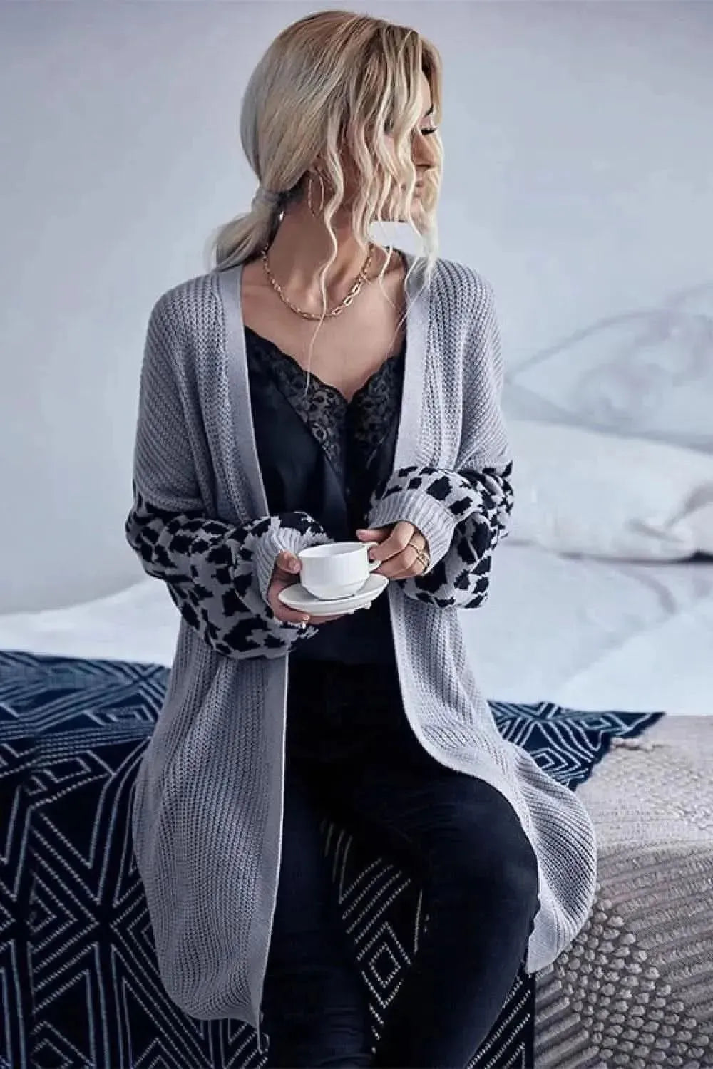Leopard Sleeves Waffle Knit Open Front Cardigan - Bad Moms Club