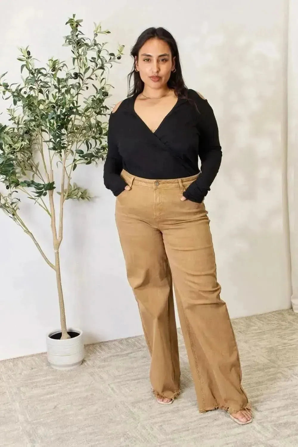 Culture Code Full Size Ribbed Surplice Cold Shoulder Top - Bad Moms Club