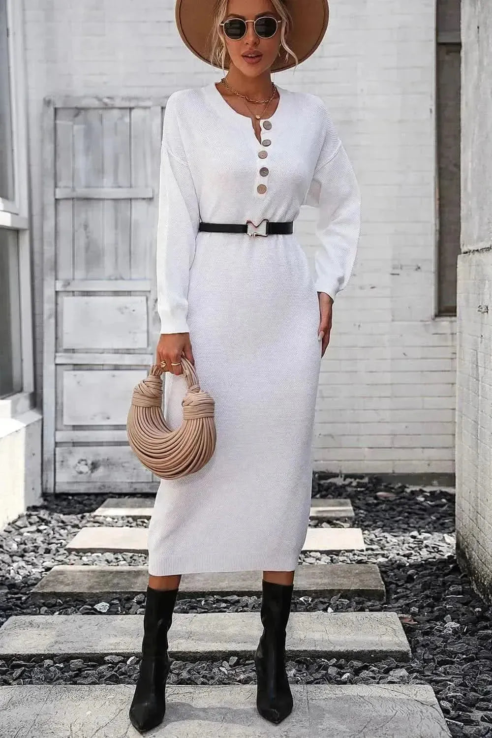 Decorative Button Notched Dropped Shoulder Sweater Dress - Bad Moms Club
