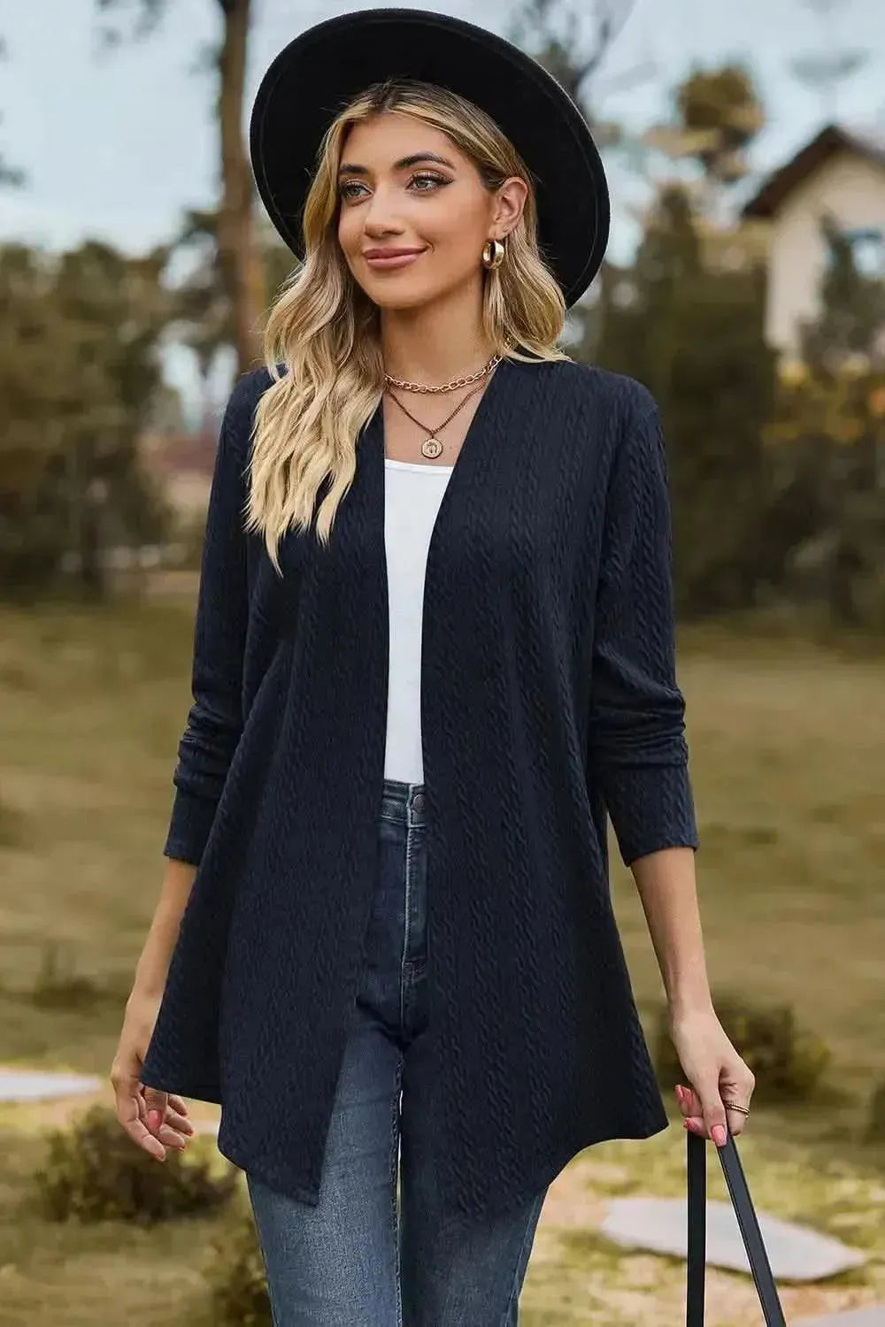 Textured Open Front Long Sleeve Cardigan - Bad Moms Club