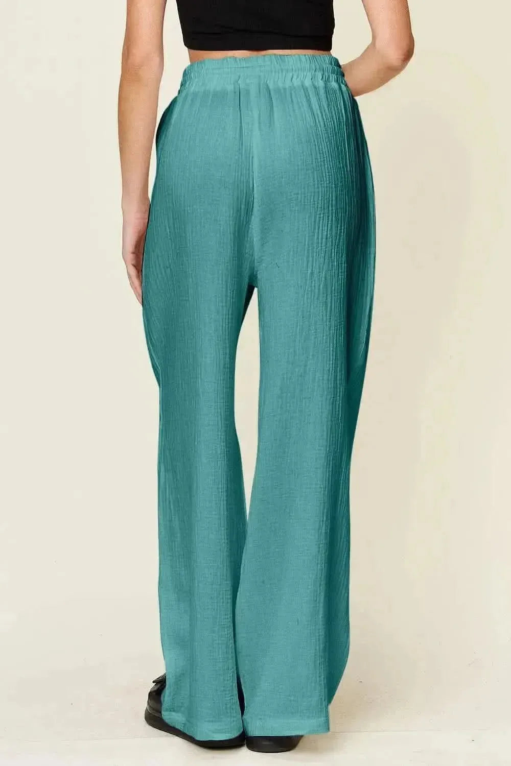 Double Take Full Size Texture Drawstring Wide Leg Pants - Bad Moms Club