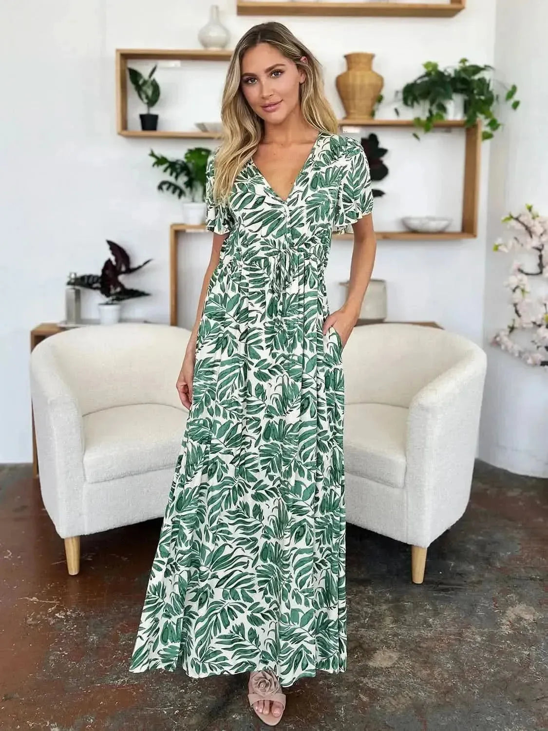 Double Take Full Size Printed Drawstring Short Sleeve Dress - Bad Moms Club