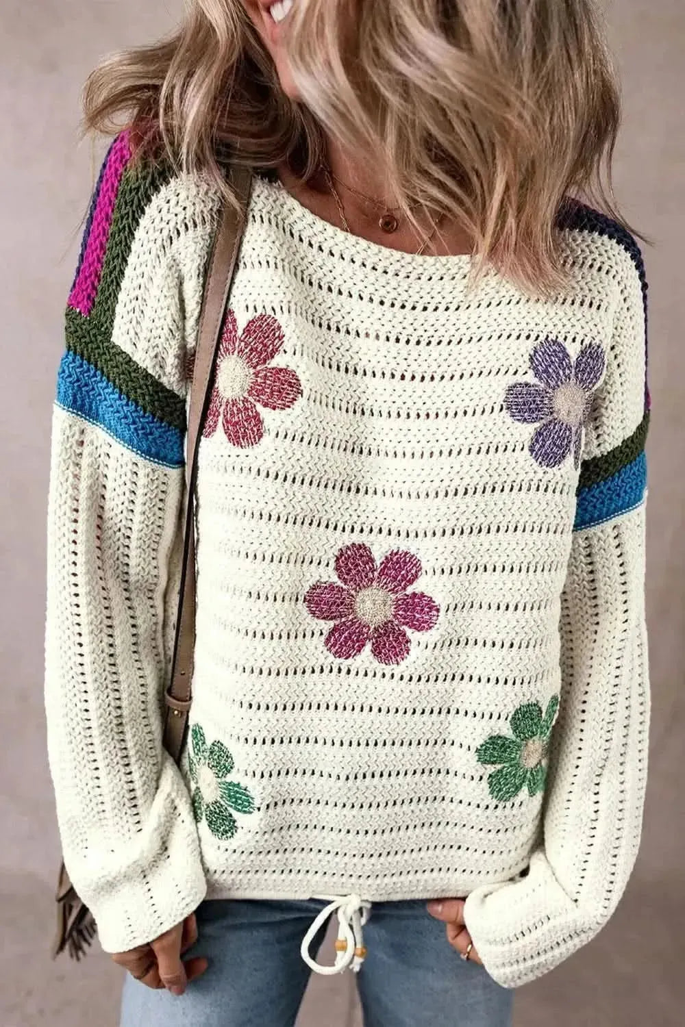 Flower Round Neck Long Sleeve Sweater - Bad Moms Club